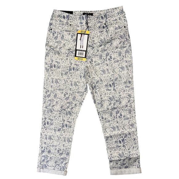 NWT Mario Serrani High-Rise Stretch Cuff Blue& White Floral Capri Small - Picture 2 of 7